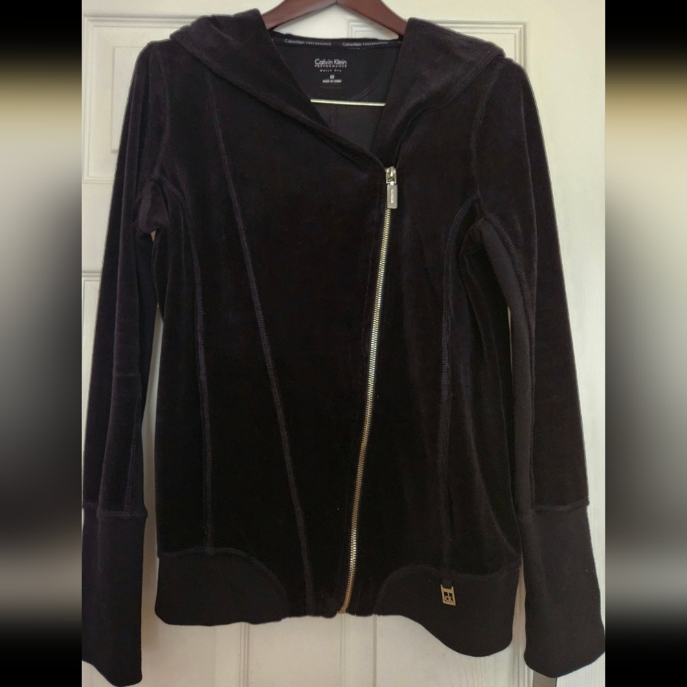 New Calvin Klein Black Velour  Hoodie Size M Asymetrical gold Zipper Moto Jacket